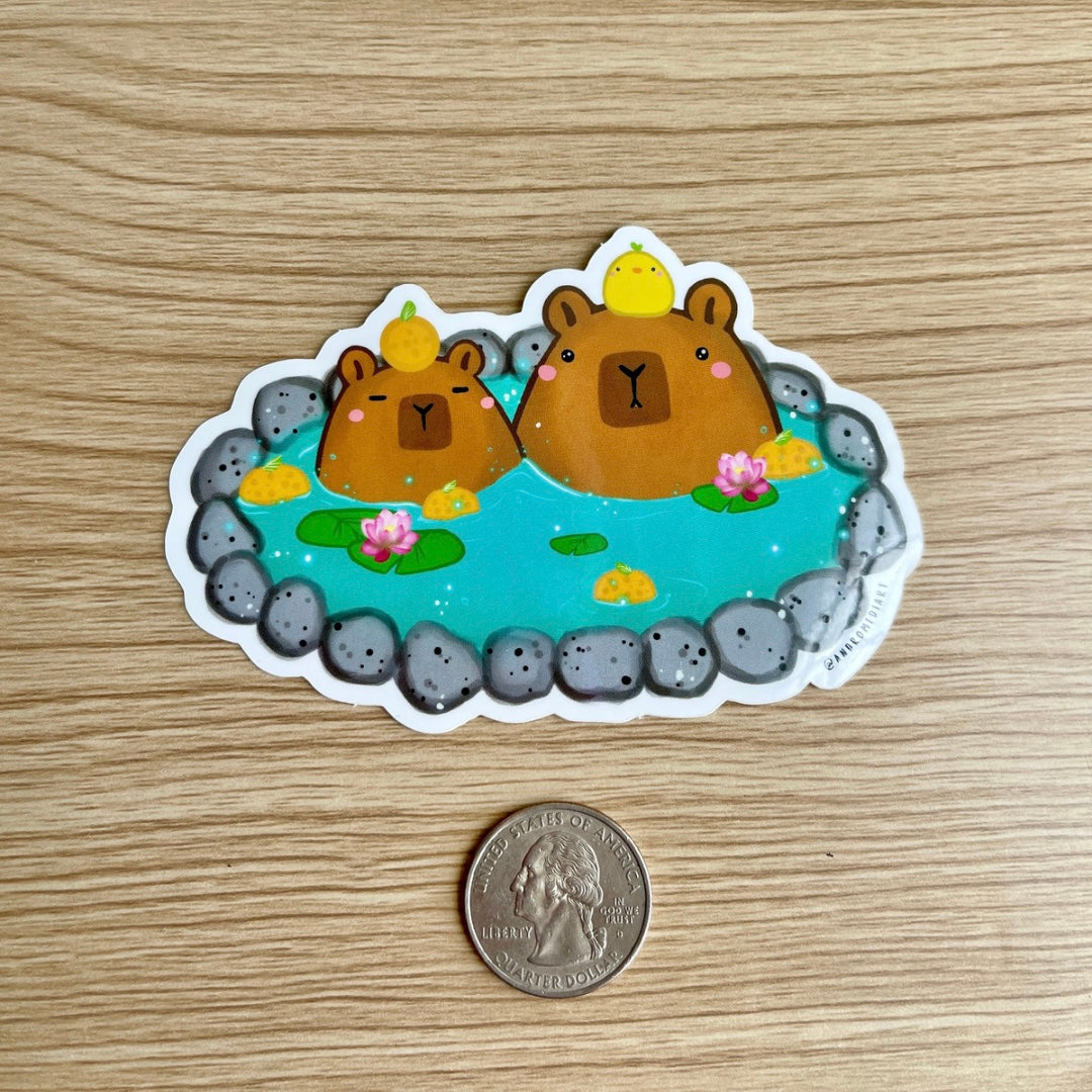 Capybara Hot Spring 4 x 3 Glossy Die Cut Vinyl Stickers